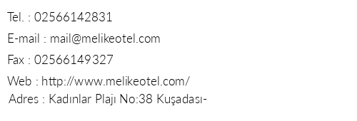 Hotel Melike telefon numaralar, faks, e-mail, posta adresi ve iletiim bilgileri